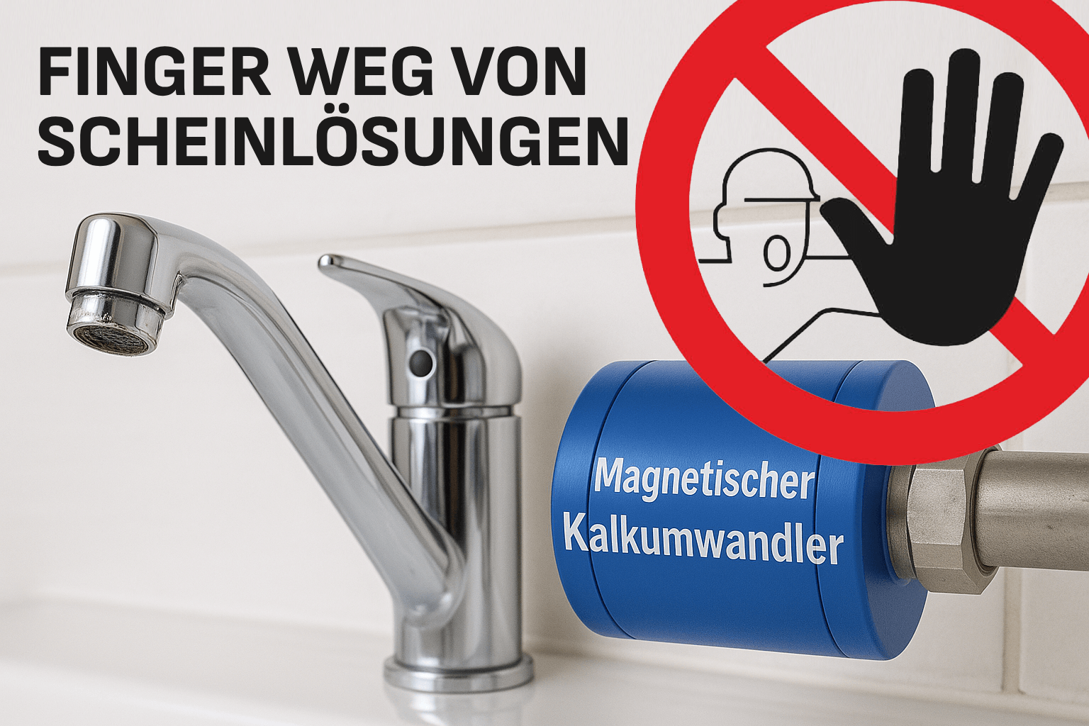Warnhinweis „Finger weg von Scheinlösungen“ neben einem magnetischen Kalkumwandler an einem Wasserhahn – Kritik an unwirksamen Methoden zur Wasserenthärtung.